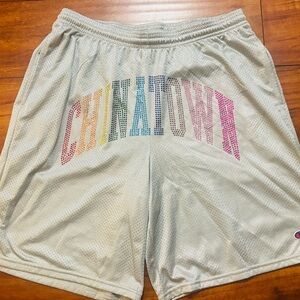 CHINATOWN MARKET - Size Large- Rhinestone Arc Mesh Shorts Silver SOLD OUT